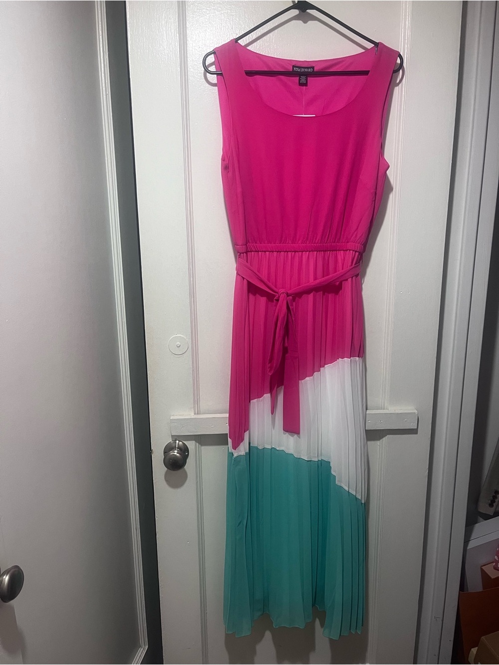 Nina Leonard Hot Pink, White & Teal Sleeveless Pleated Maxi Dress